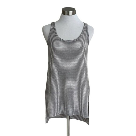 DKNY Women’s Small Knit Tank Gray White Stripe Hi Low Hem Split Side Seam Top - Picture 1 of 5